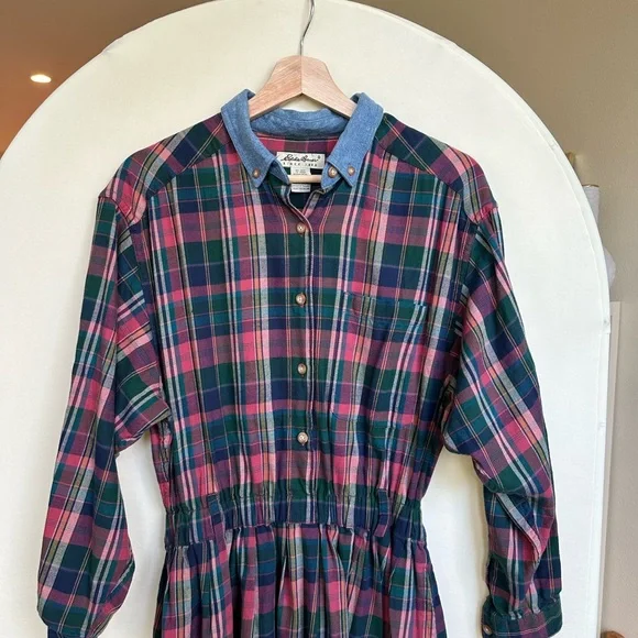 Eddie Bauer Vintage Plaid Flannel Maxi Dress – Collared Button-Down, Prairie - Picture 4 of 4